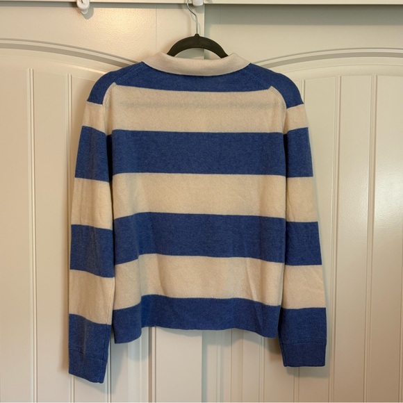 J. Crew 100% cashmere blue white rugby stripe sweater size medium - Picture 7 of 8